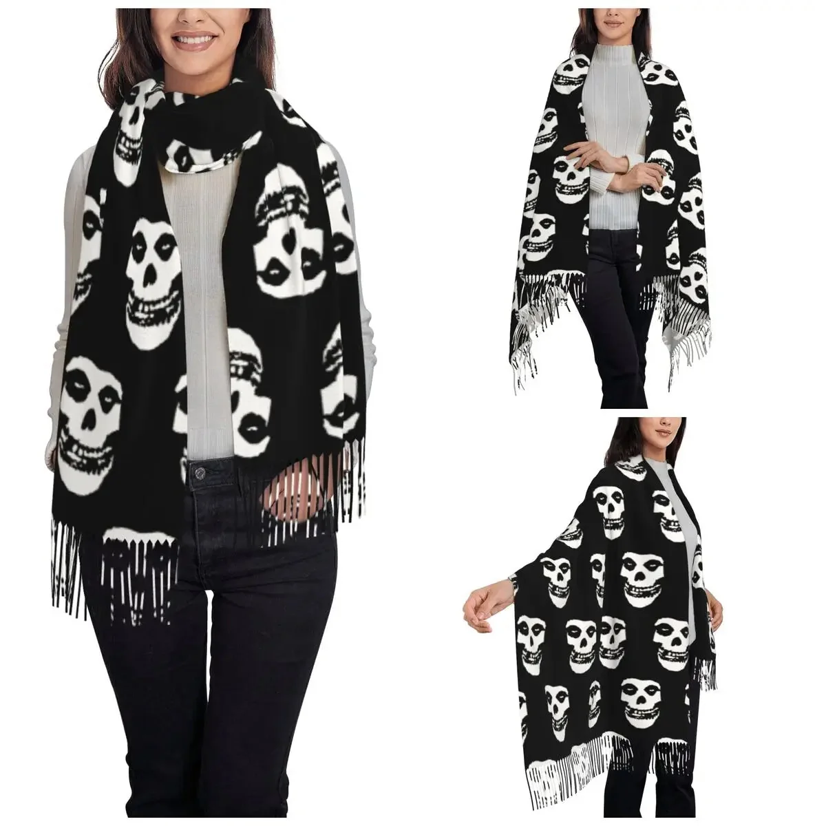 Black Cotton-Polyester Blend Skull Scarf