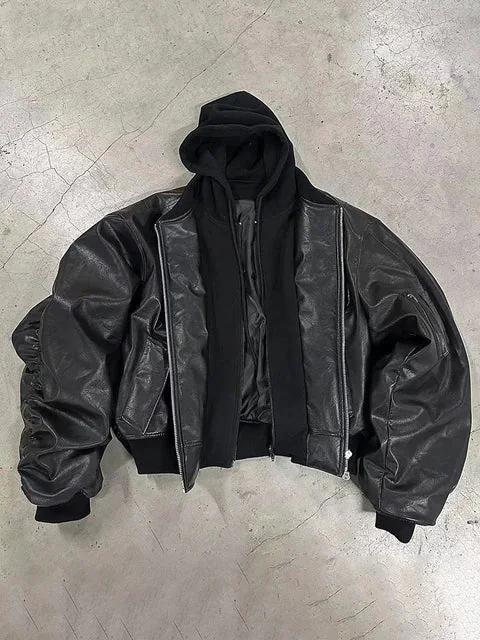Black Faux Leather Bomber Jacket for Men