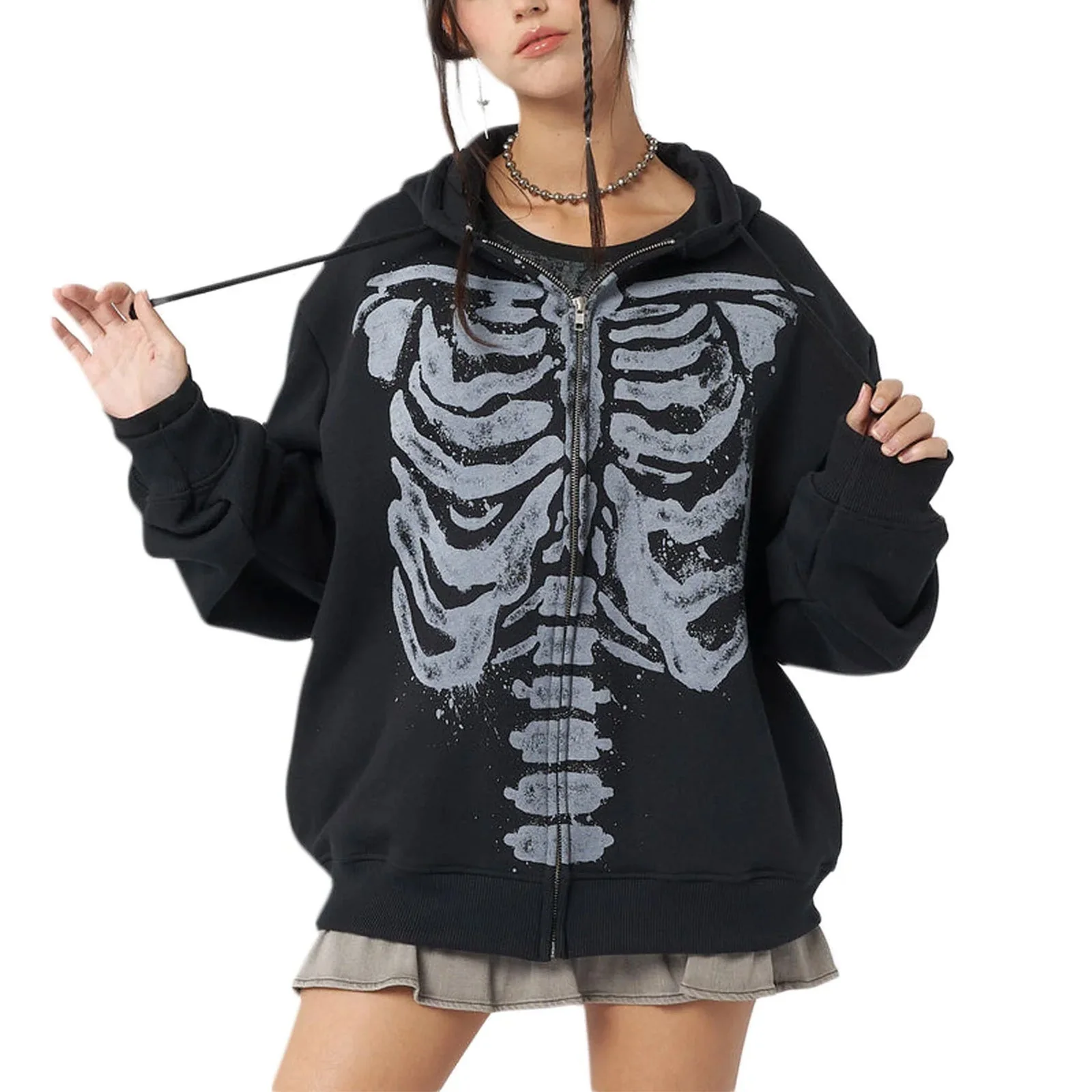 Black Skull Printed Hoodie for Women