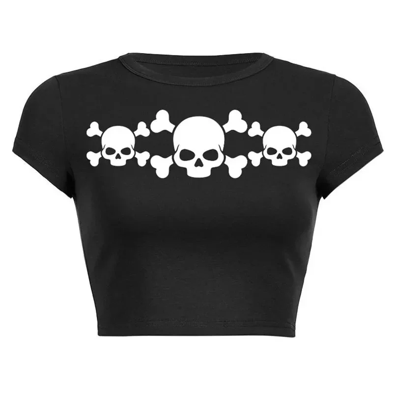 Chic Skull Print Womens Crop Top Black Premium Cotton Polyester Blend