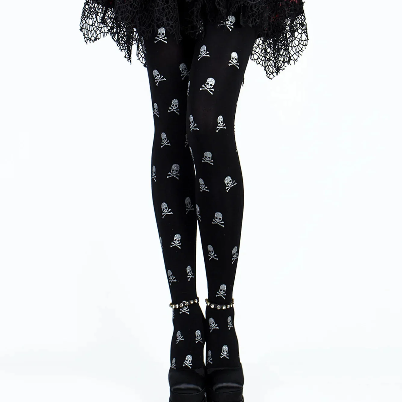 Black Skull Womens Polyester Tights