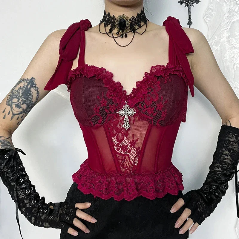Elegant Gothic Lace Womens Top in Red | Premium Design