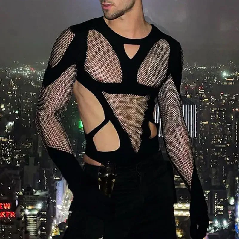Premium Mesh Bodysuit for Men in Black