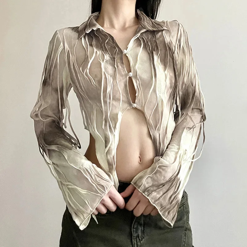 Beige Vintage Cotton Polyester Blend Womens Blouse