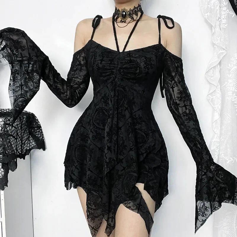 Elegant Black Gothic Cotton-Polyester Dress