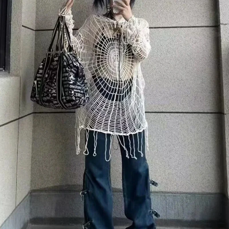 Premium Beige Hollow Out Pullover Womens Top