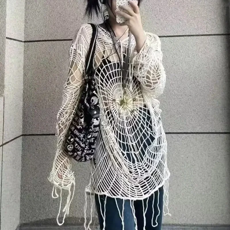 Premium Beige Hollow Out Pullover Womens Top