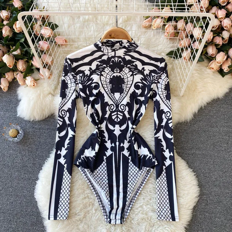 Vintage Black Cotton Bodysuit for Women