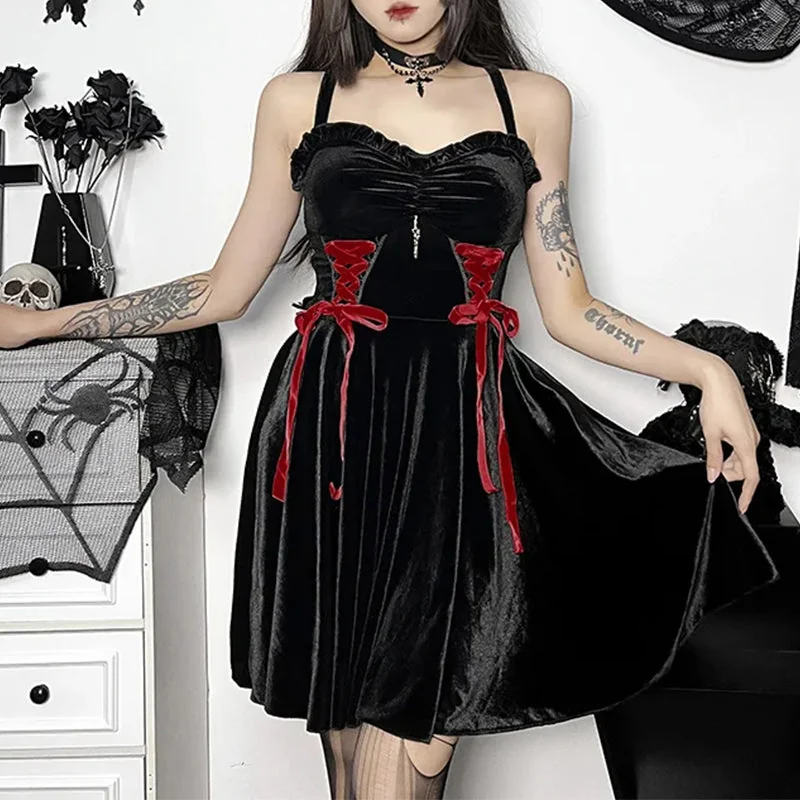 Velvet Goth Black Dress - Premium Womens Gothic Clothing