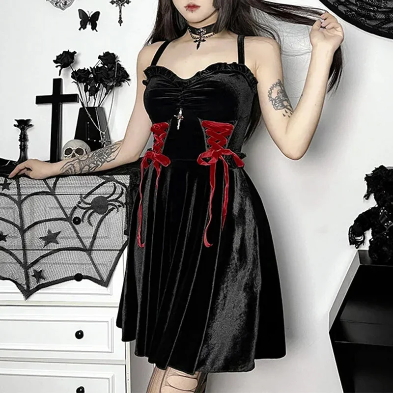 Velvet Goth Black Dress - Premium Womens Gothic Clothing