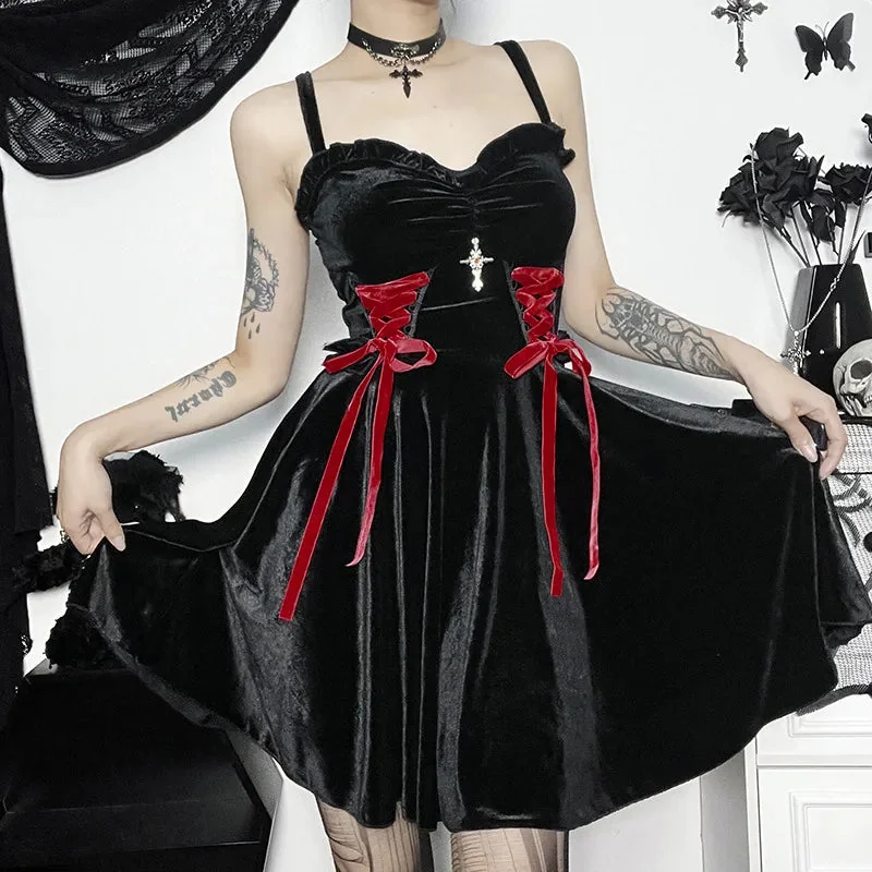 Velvet Goth Black Dress - Premium Womens Gothic Clothing