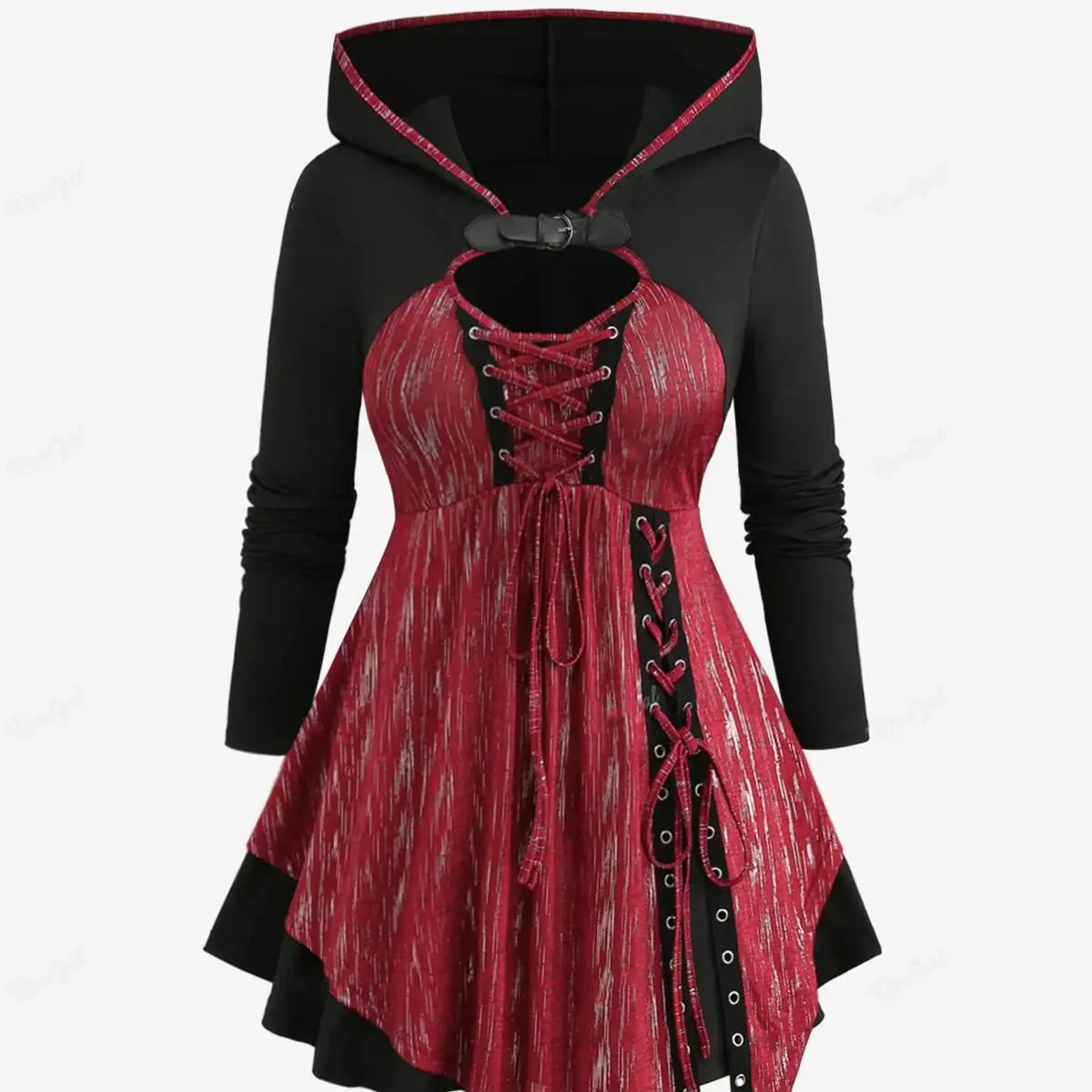 Womens Red Plus Size Hooded Top in Premium Cotton & Polyester Blend