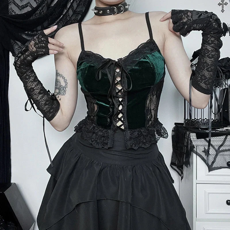 Elegant Gothic Velvet Womens Top Green