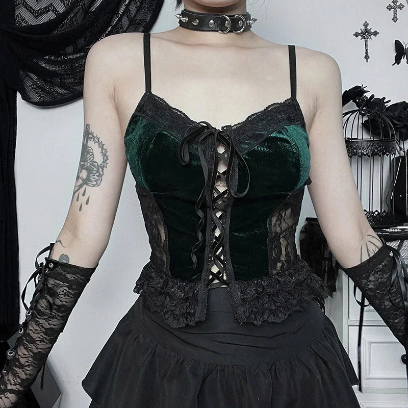 Elegant Gothic Velvet Womens Top Green