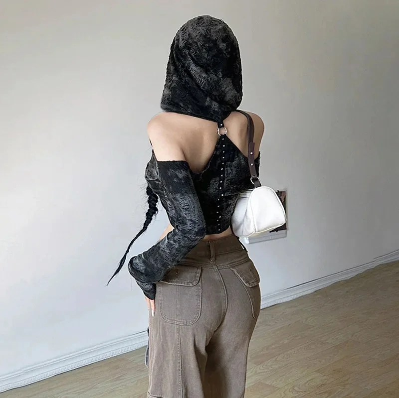 Black Hooded Cotton Polyester Top for Women