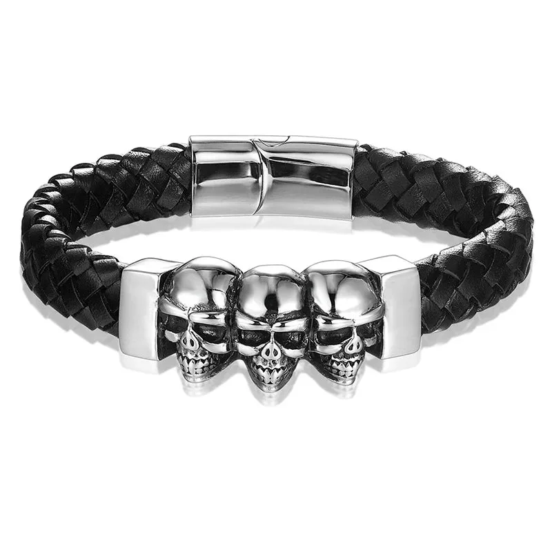 Silver Leather Skull Bracelet Mens Fashion Charm Unisex