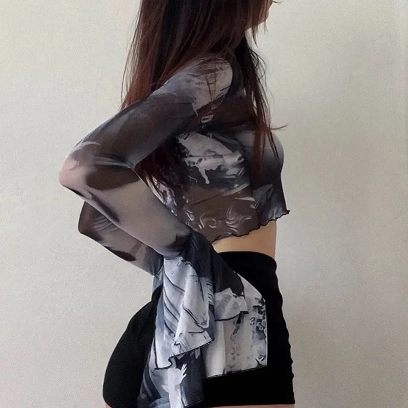 Black Gothic Flare Cotton Polyester Blend Womens Top