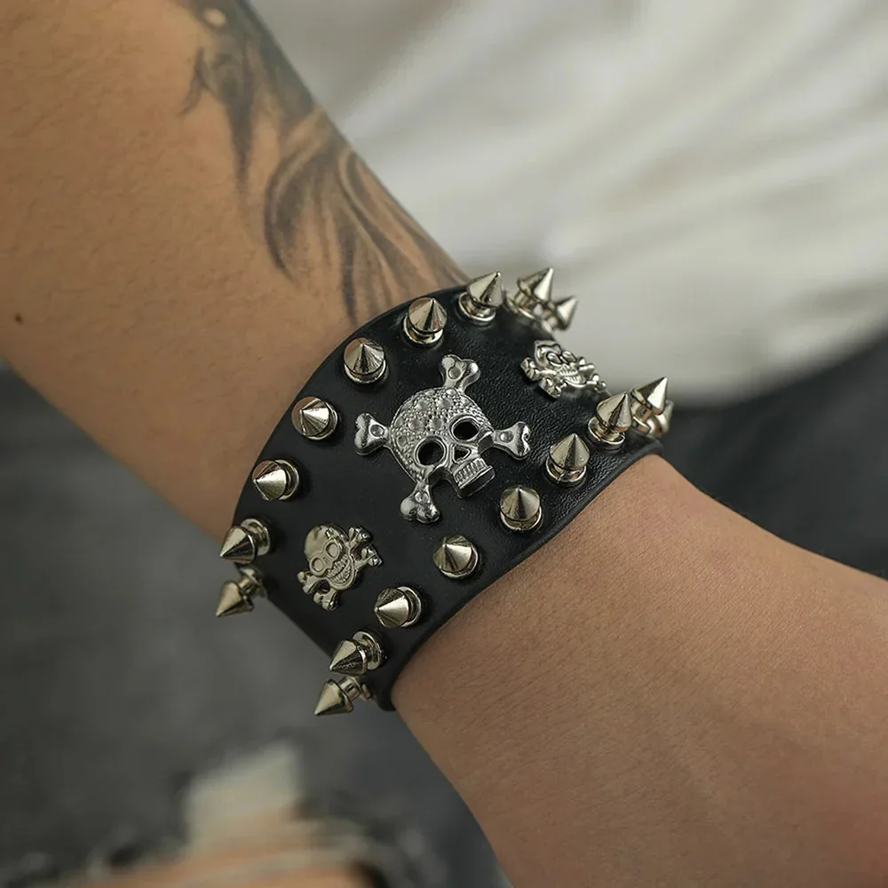 Black Faux Leather Skull Bracelet for Men