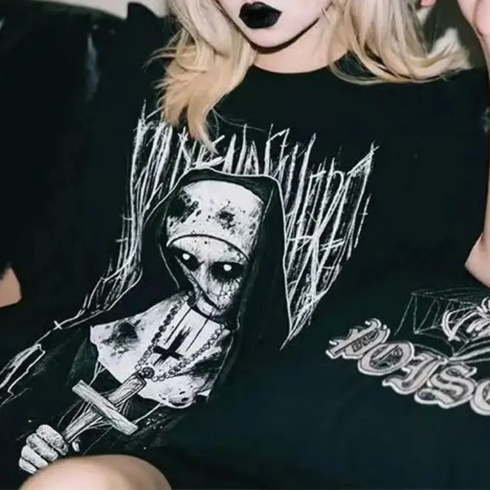 Elegant Gothic Style Womens Black T-Shirt