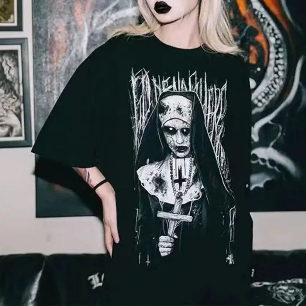 Elegant Gothic Style Womens Black T-Shirt