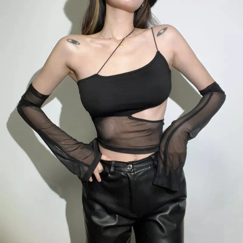 Black Mesh Crop Top for Women - Premium Polyester Blend