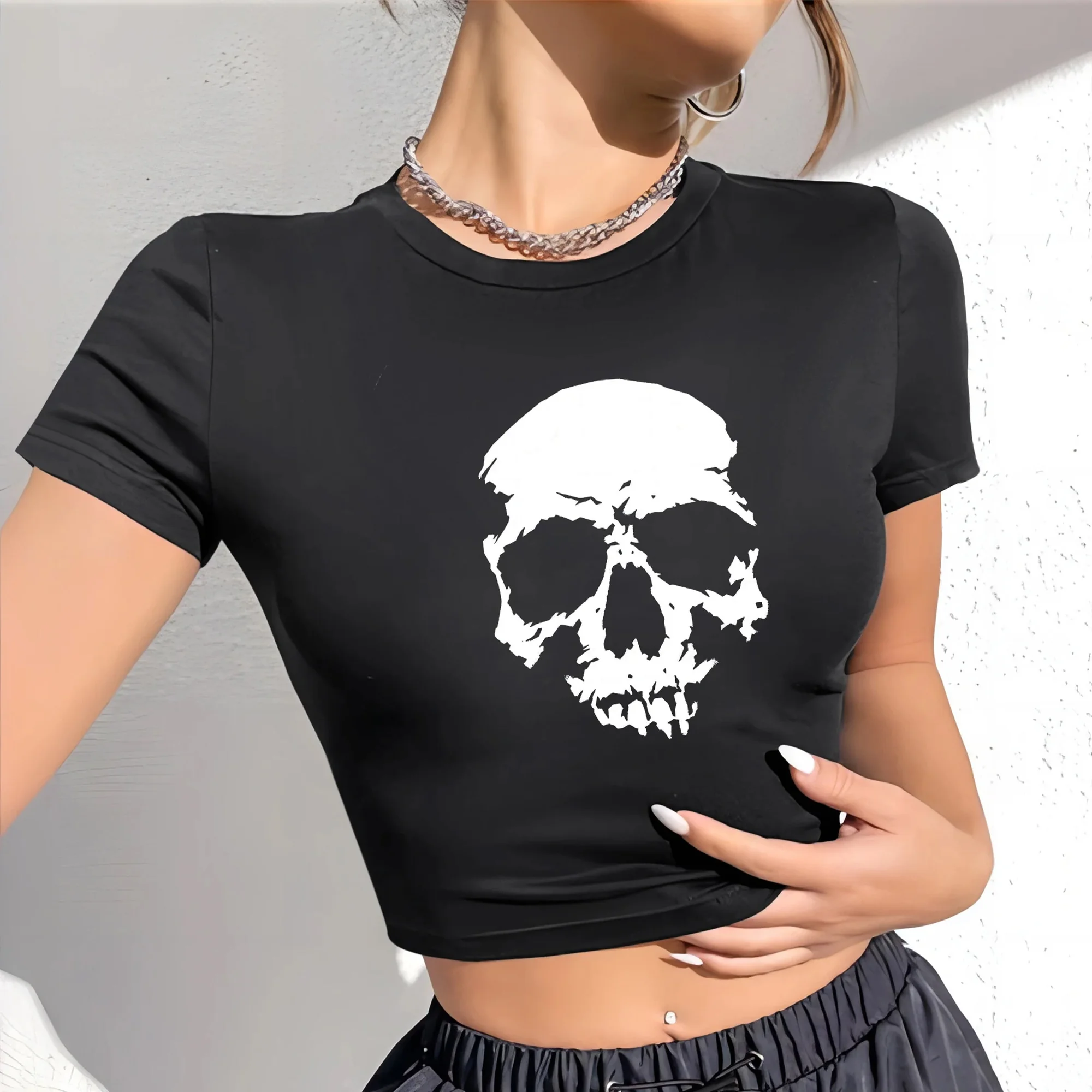 Premium Cotton Blend Womens Skull Graphic Tee Black