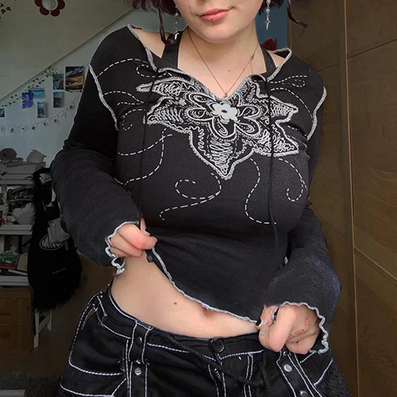 Gothic Style Black Womens Pullover - Premium Cotton & Polyester Blend