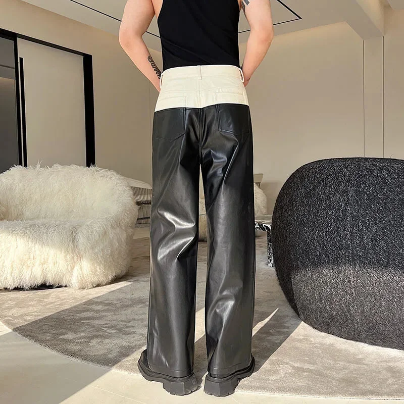 Black Faux Leather Wide Pants for Men
