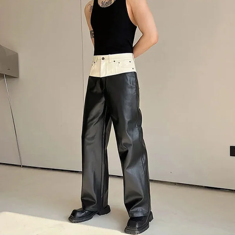 Black Faux Leather Wide Pants for Men