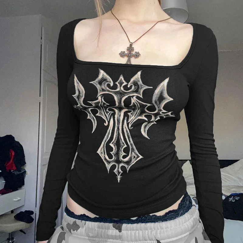 Elegant Gothic Cotton Blend Womens Top in Black/Gray
