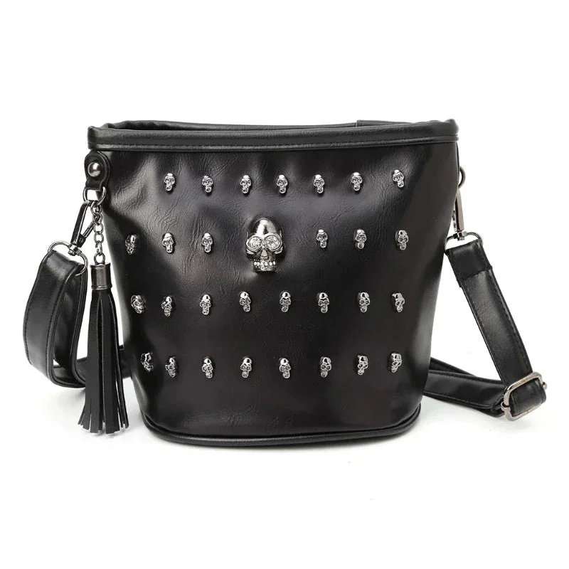 Premium Black Skull PU Leather Womens Bag 18x13x17cm