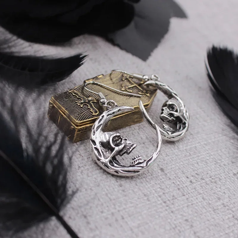 Silver Moon Skull Earrings - Premium Zinc Alloy Design