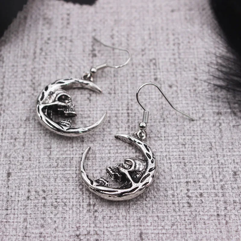 Silver Moon Skull Earrings - Premium Zinc Alloy Design