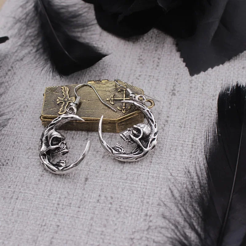 Silver Moon Skull Earrings - Premium Zinc Alloy Design