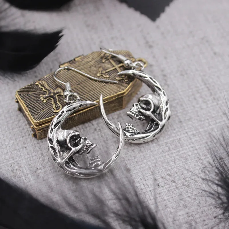 Silver Moon Skull Earrings - Premium Zinc Alloy Design