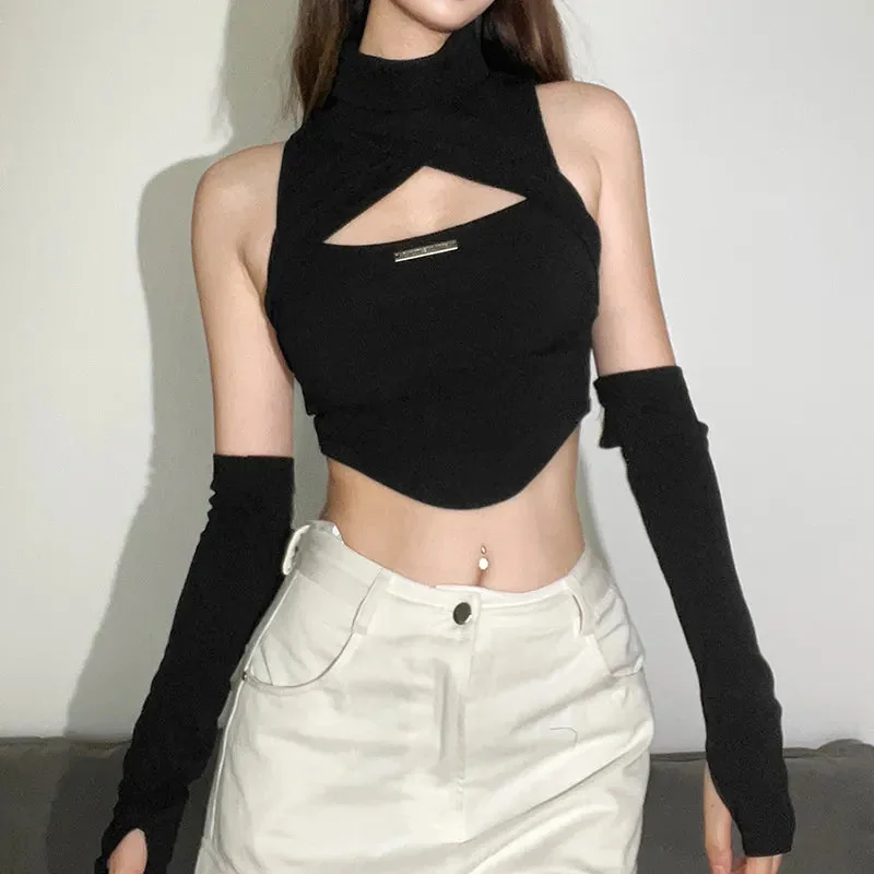 Gothic Style Cotton Blend Womens Crop Top in Black