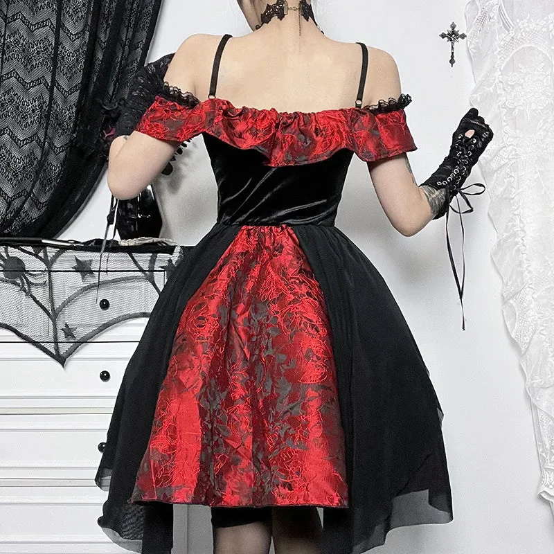 Red Gothic Cotton-Polyester Evening Dress for Women