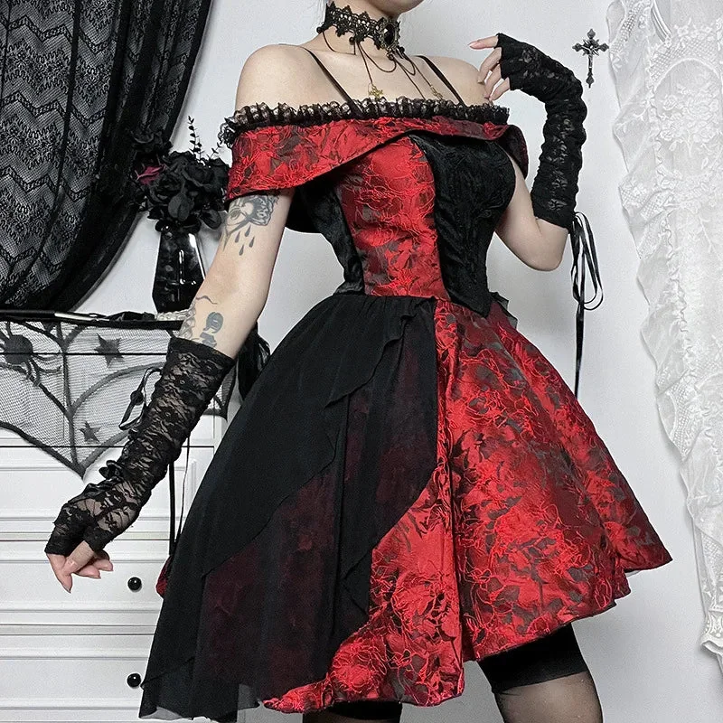 Red Gothic Cotton-Polyester Evening Dress for Women
