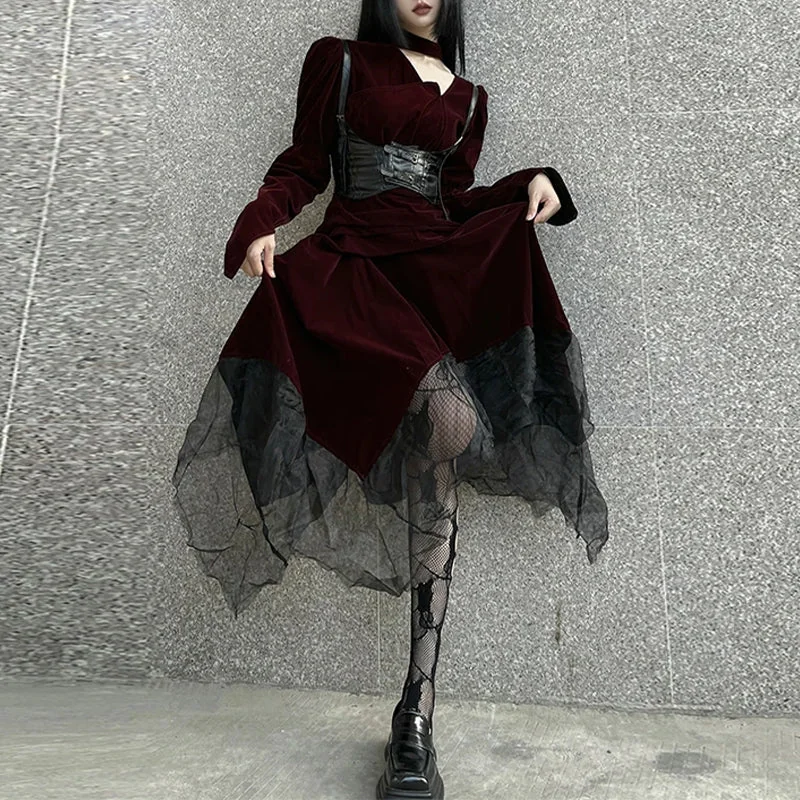 Elegant Velvet Gothic Long Dress Red
