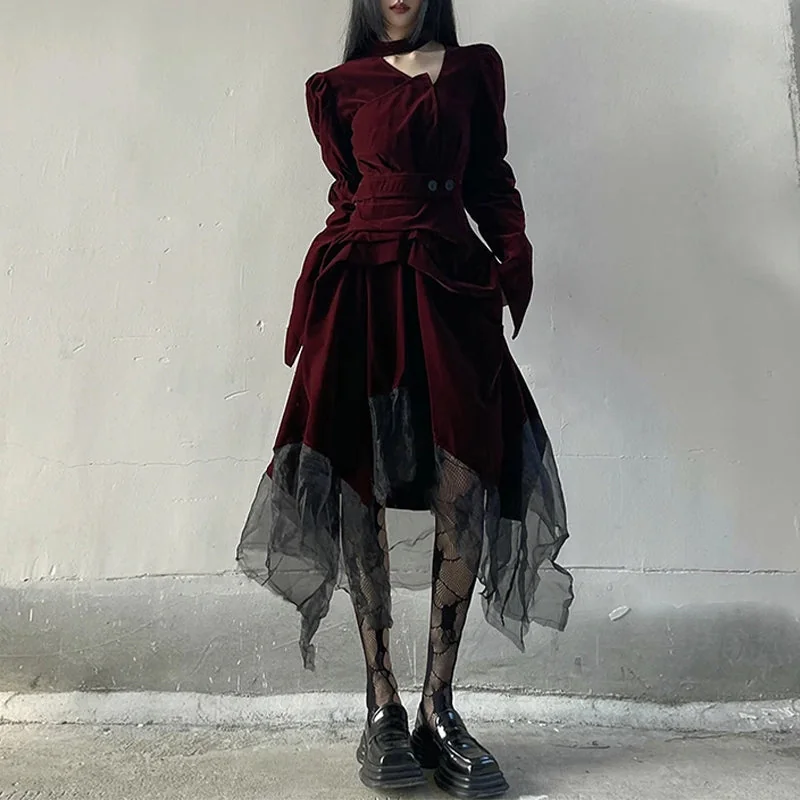 Elegant Velvet Gothic Long Dress Red