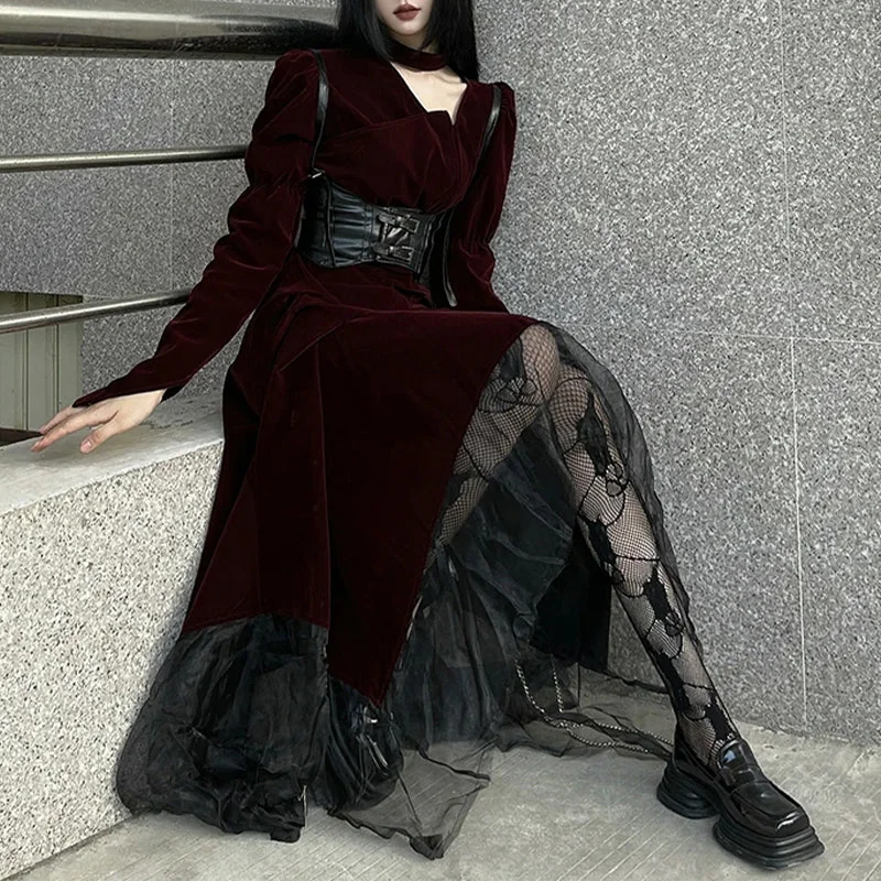 Elegant Velvet Gothic Long Dress Red