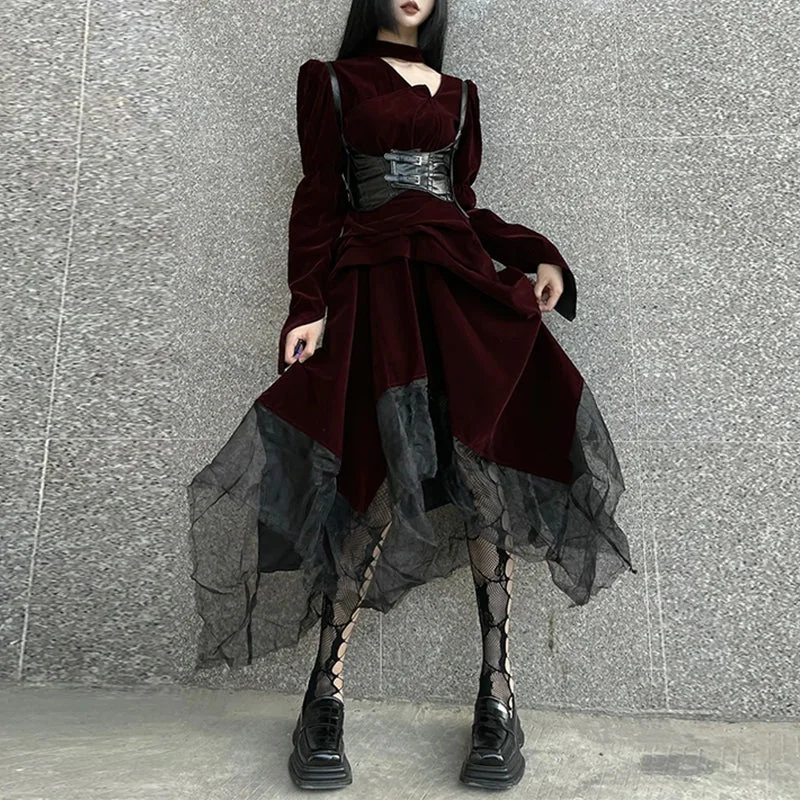 Elegant Velvet Gothic Long Dress Red