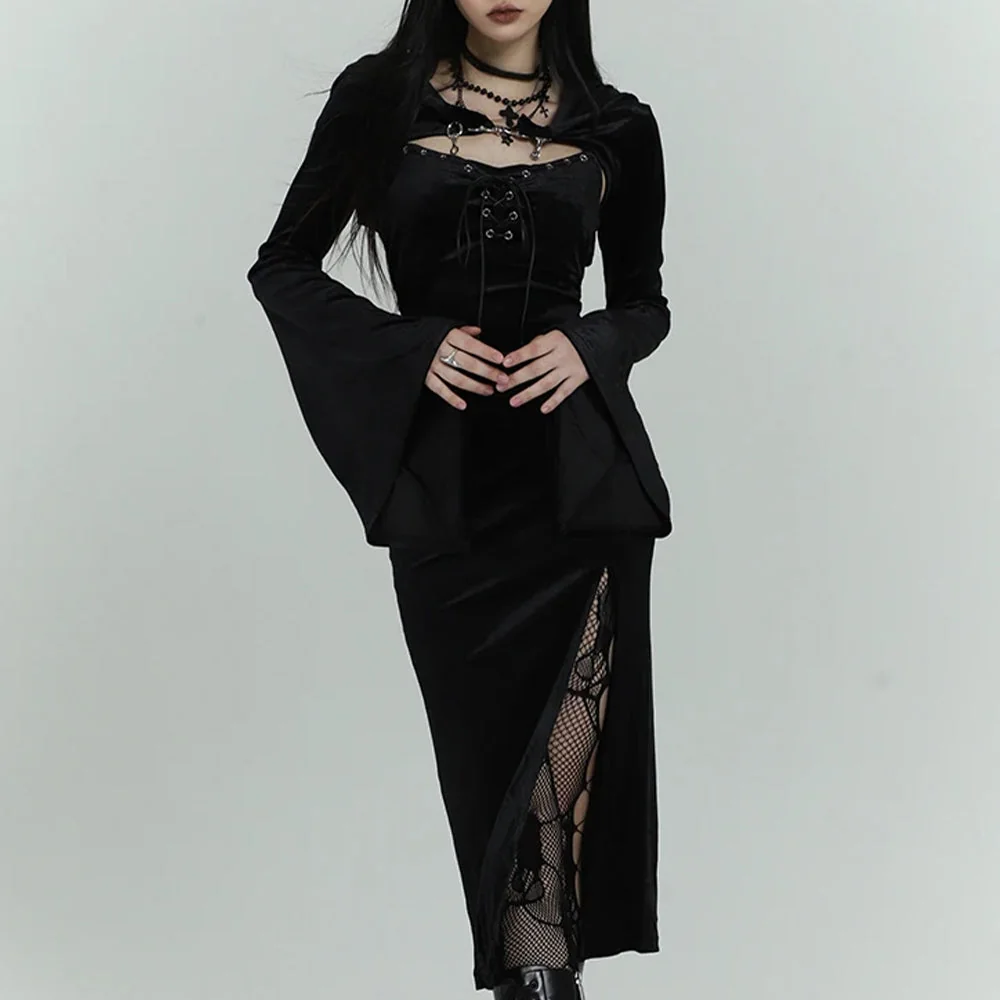 Premium Black Gothic Style Cotton Polyester Blend Dress