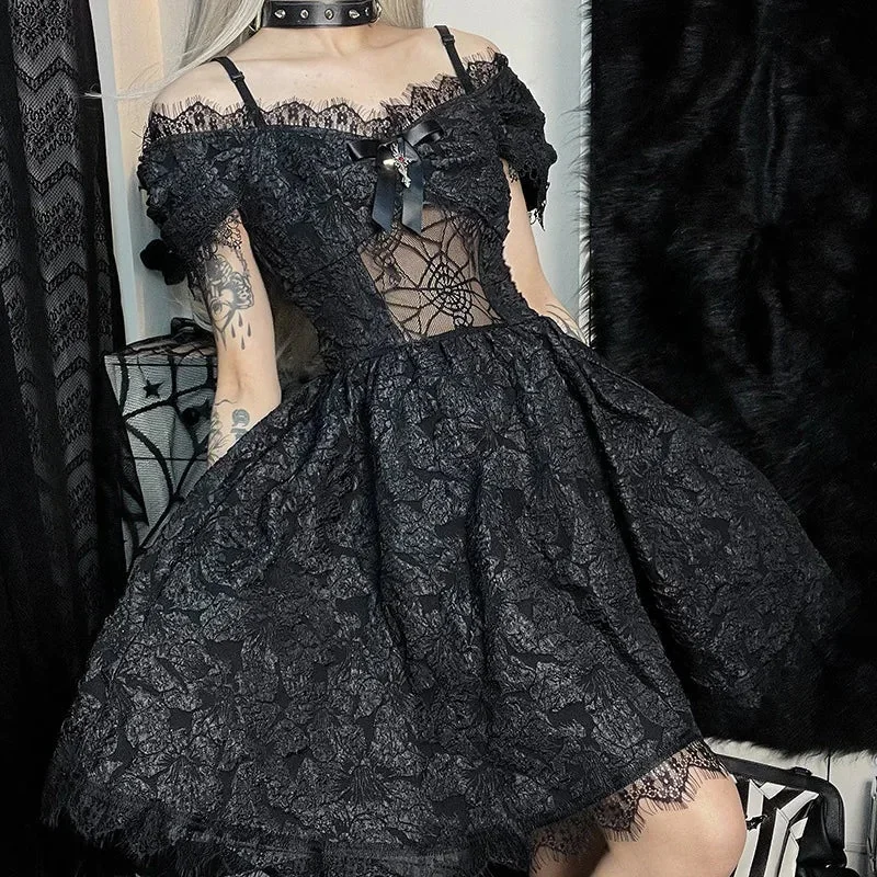 Gothic Black Cotton Polyester Blended Women Dress