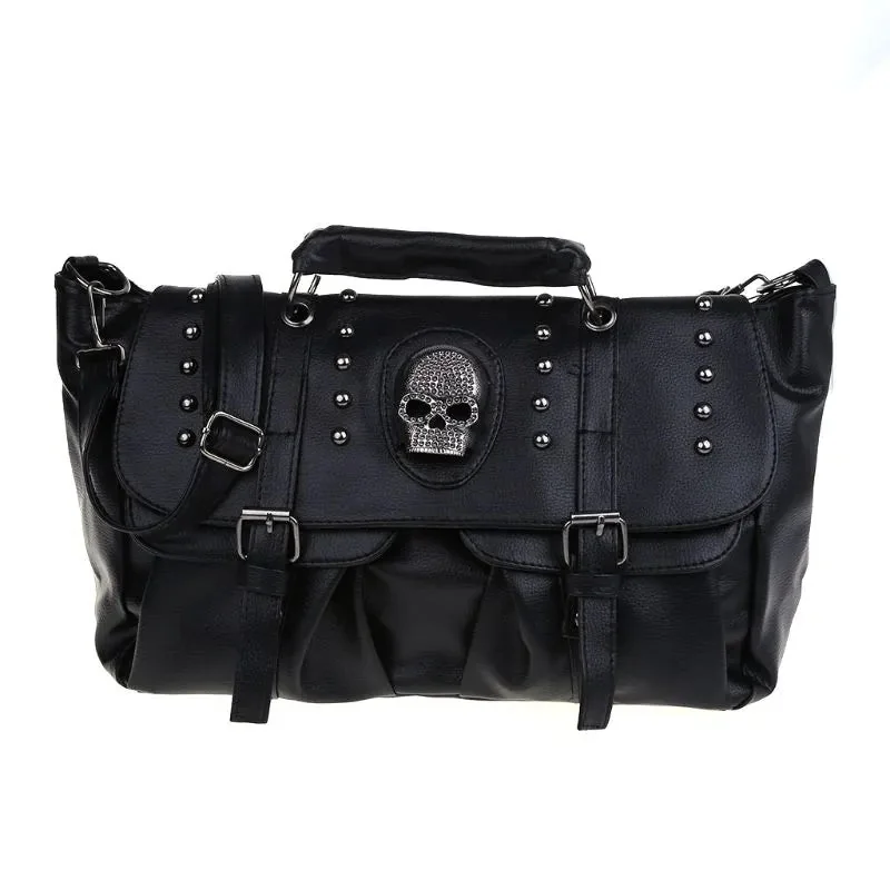 Chic Black Skull PU Leather Handbag 34cm
