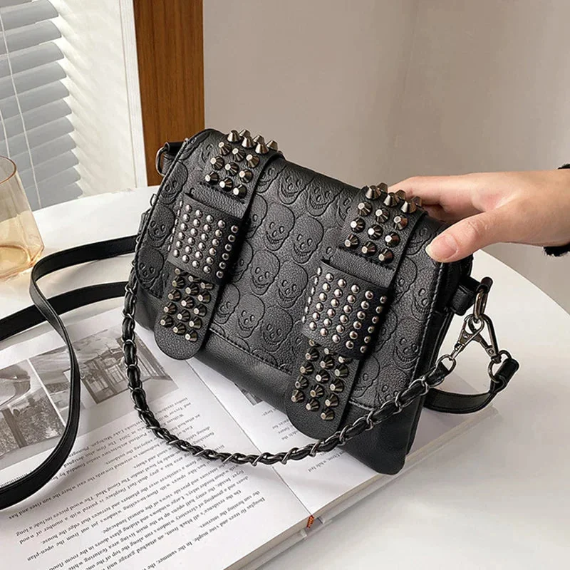 Premium Black Skull PU Leather Womens Bag