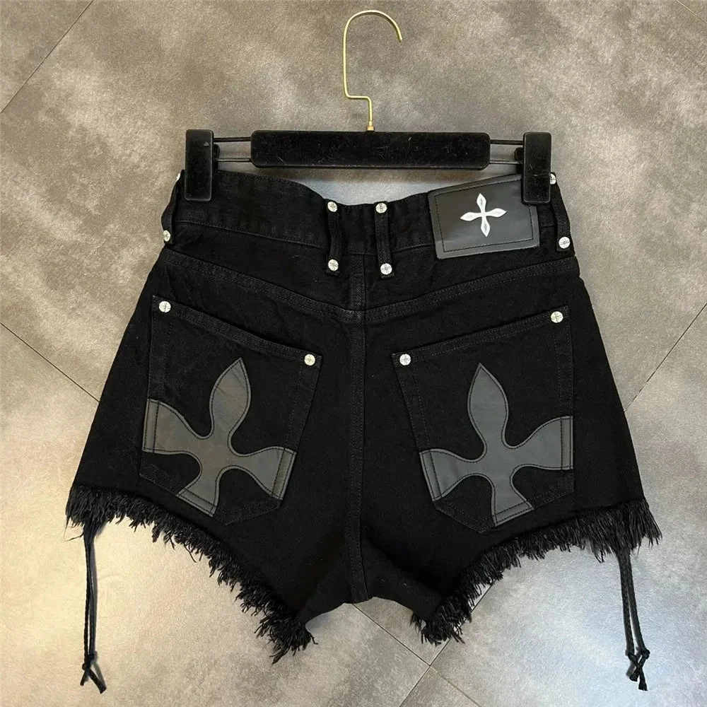 Gothic Style Womens Black Cotton Shorts