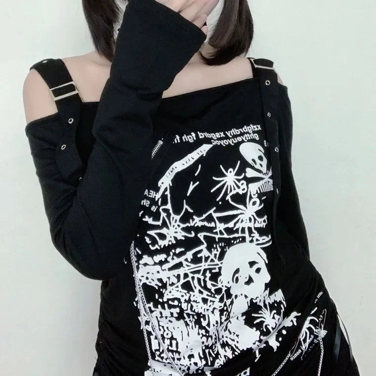 Stylish Punk Womens Cotton-Polyester Blend Top in Black