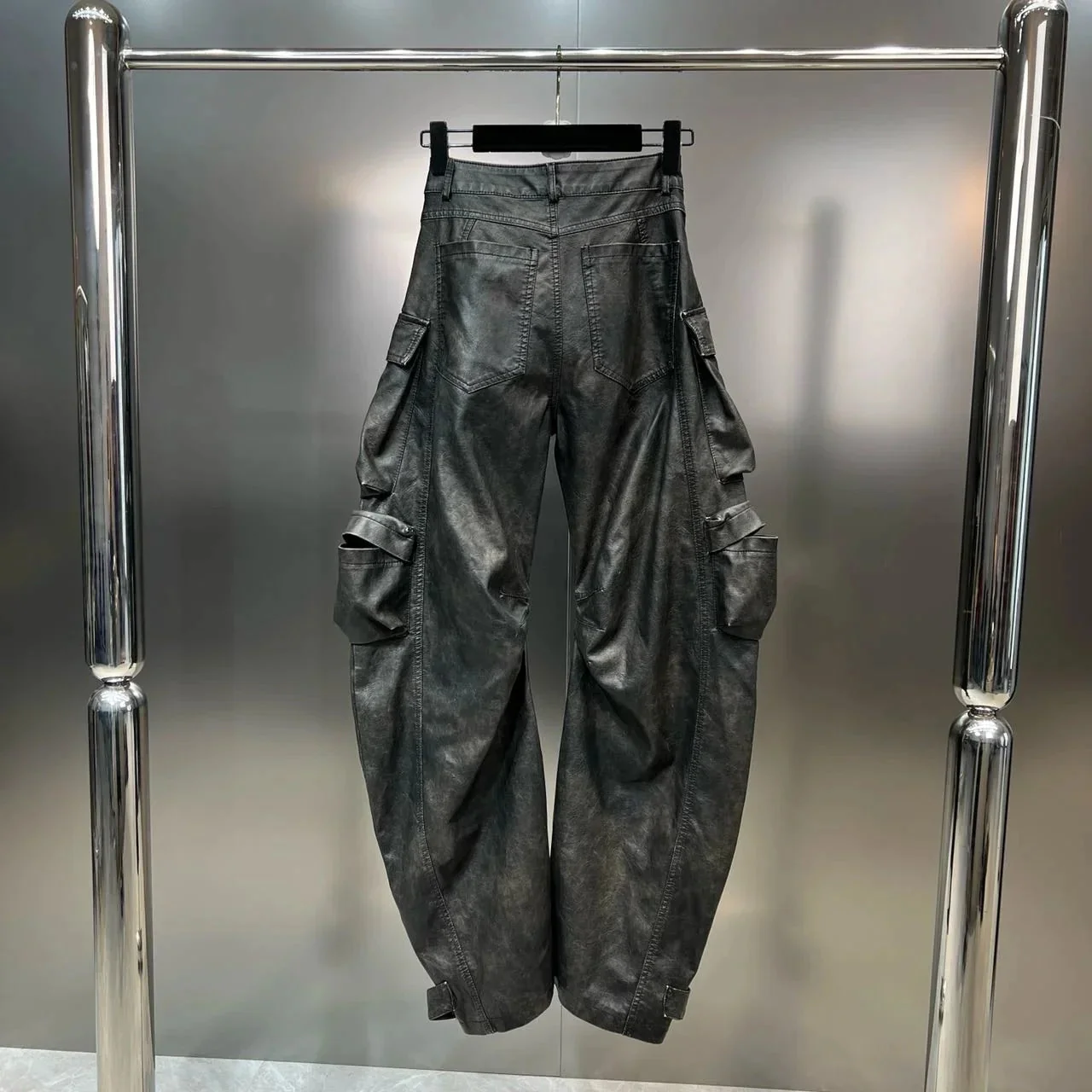 Black Faux Leather Cargo Pants for Women