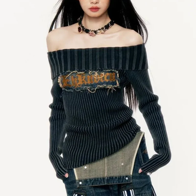 Blue Cotton & Polyester Blend Womens Sweater